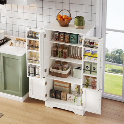 Sideboard, Crockery Cabinet with Adjustable Shelves | Upper Section for Food, Dishes, Spices; Lower Section for Appliances like Microwaves; Suitable for Kitchens, Dining Rooms, Living Rooms; White, Metal, Floor Mount, Modern