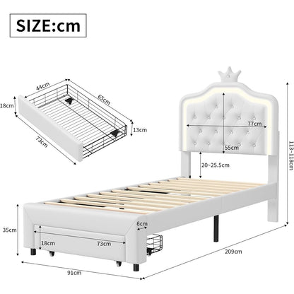 Eenpersoonsbed – Bed – Eenpersoonsbedframe – Slaapbed – Led-bed – Wit – 90x200 cm – Verstelbare LED-verlichting – Opberglades met lattenbodem
