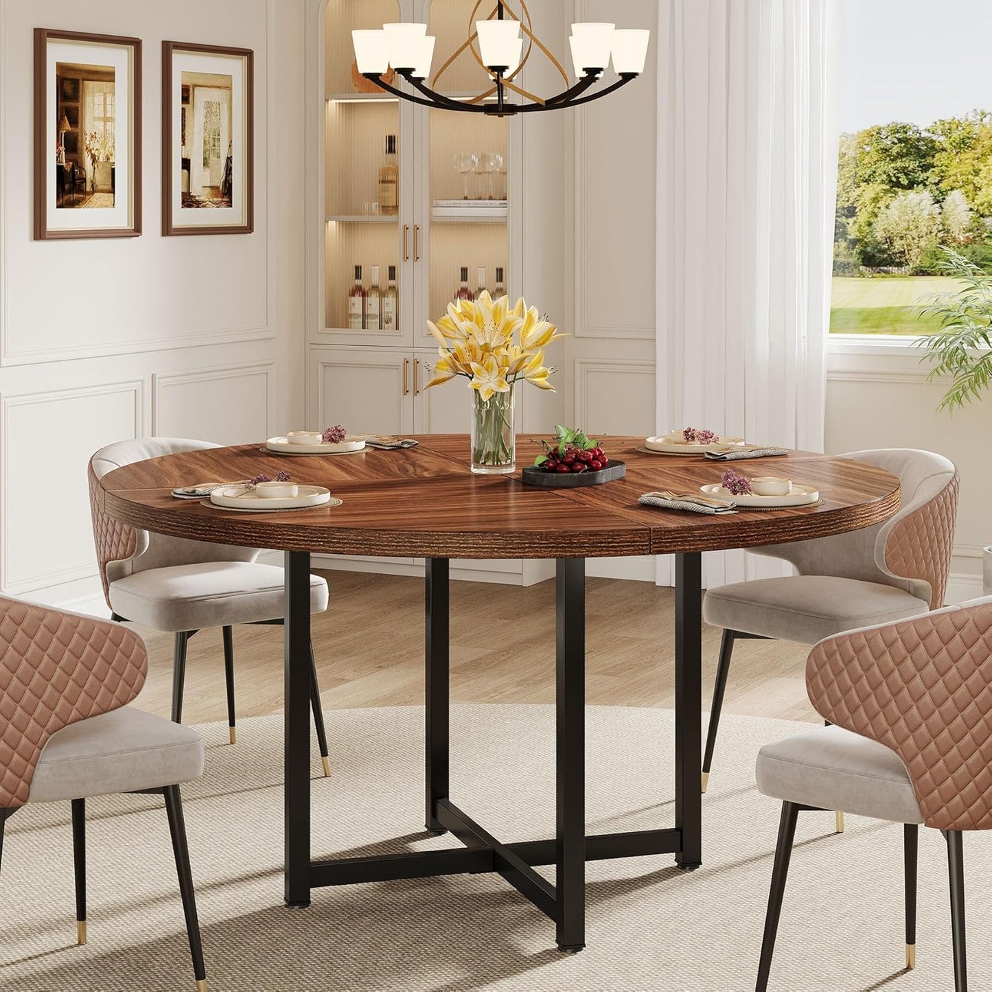 Ronde Eettafel – Ronde Tafel – Keukentafel – Industriële Tafel – Compacte Eettafel – 120 cm Diameter – Met Zwart Metalen X-Frame