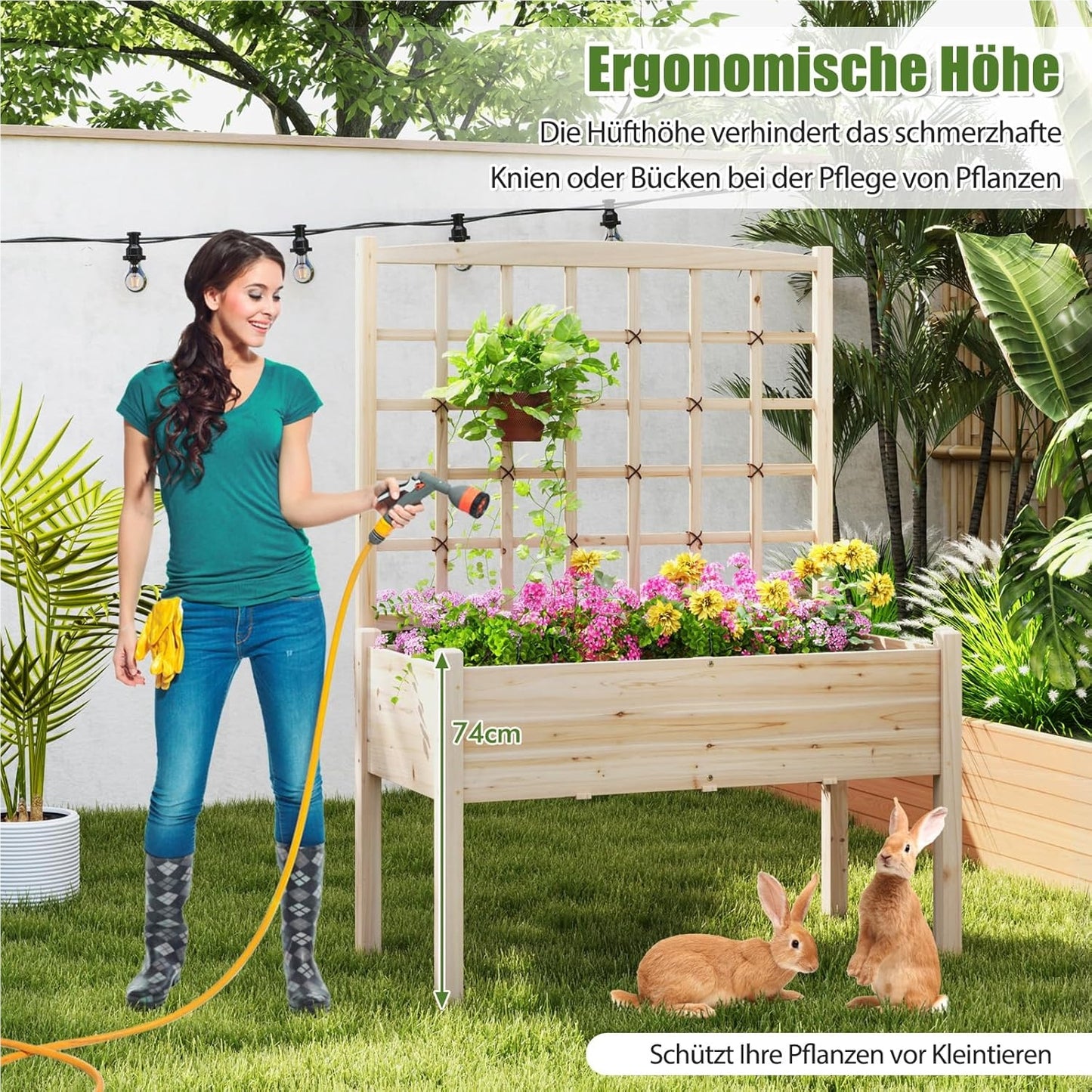 Verhoogde Plantenbak – Bloembak – Moestuinbak – Kruidenbak – Tuinbak Met Klimrek – Natuurlijk Grenenhout – Ingebouwd Klimrek – 4 Drainagegaten – 119 x 60 x 160 cm