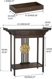Side table - Hall table - Hall table - Antique look - Dark wood - Bamboo - With drawer - Gold accents - Dark brown