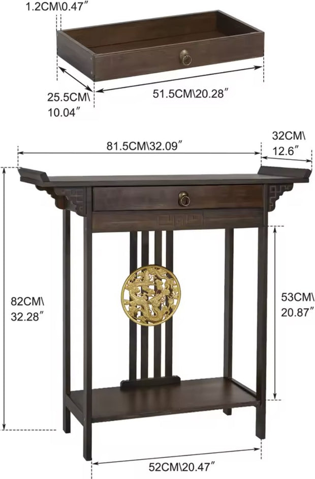 Side table - Hall table - Hall table - Antique look - Dark wood - Bamboo - With drawer - Gold accents - Dark brown
