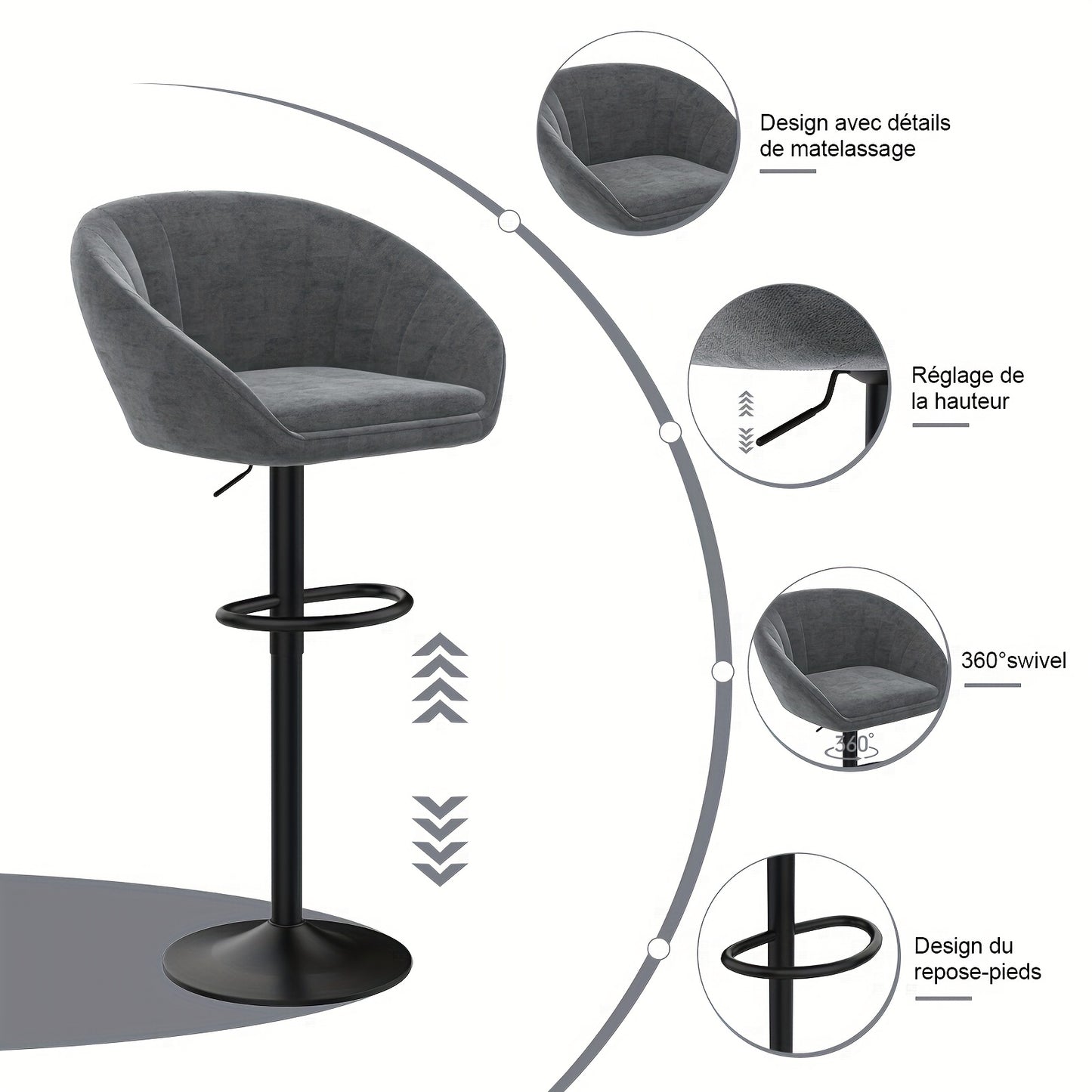 Barstoel – Barkruk – Barstoelen – Keukenstoel – Kruk – Set van 2 – Velvet Bekleding – Verstelbare Zithoogte 80-101 cm – 360° Draaibaar – Met Voetensteun