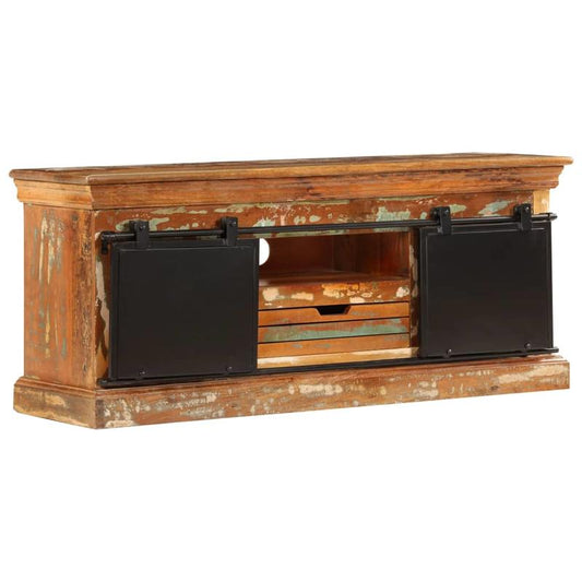 Solid Wood TV Stand with Heavy-Duty Construction - Wide 110cm (43.2") Modern Farmhouse Entertainment Center, Sturdy Cabinet with Open Shelf & Closed Storage, Compatible with TVs up to 45cm (17.7") - Living Room Furniture for Large TVs - Rustic Brown