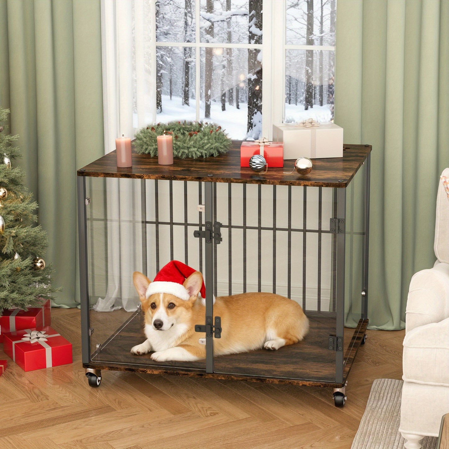 Hondenkennel – Hondenbench – Dierenbench – Hondenbox – Hondenhok – Gehard Glas – Mobiel Met Remmen – 77x60x65 cm – Geschikt Tot 80 kg