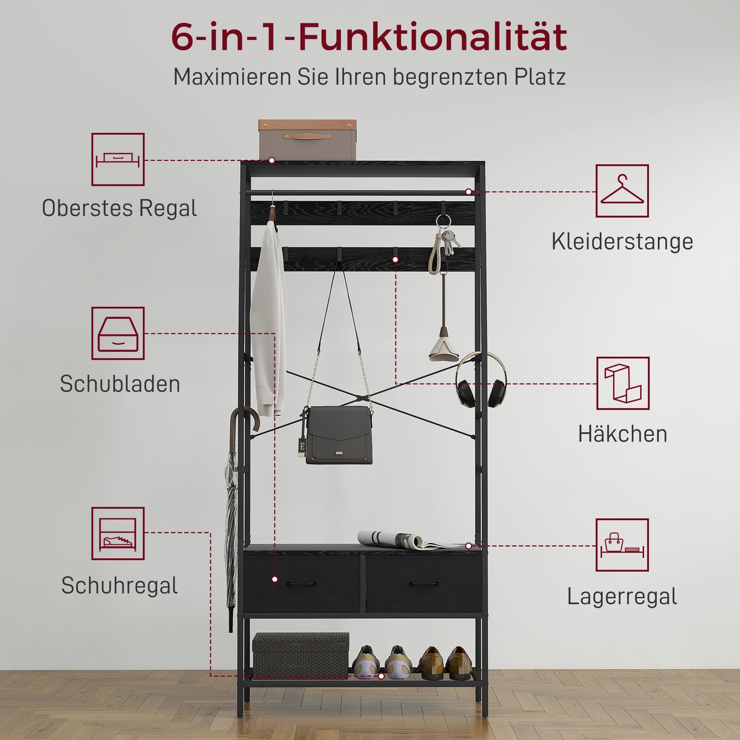 Kledingrek – Garderoberek – Kapstok – Kledingstandaard – Dressboy – Industrieel Design – Metaal – 2 Stoffen Lades – 8 Haken – Schoenenrek – Zwart – 80x30x180 cm – Stevig & Ruimtebesparend