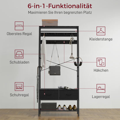 Kledingrek – Garderoberek – Kapstok – Kledingstandaard – Dressboy – Industrieel Design – Metaal – 2 Stoffen Lades – 8 Haken – Schoenenrek – Zwart – 80x30x180 cm – Stevig & Ruimtebesparend
