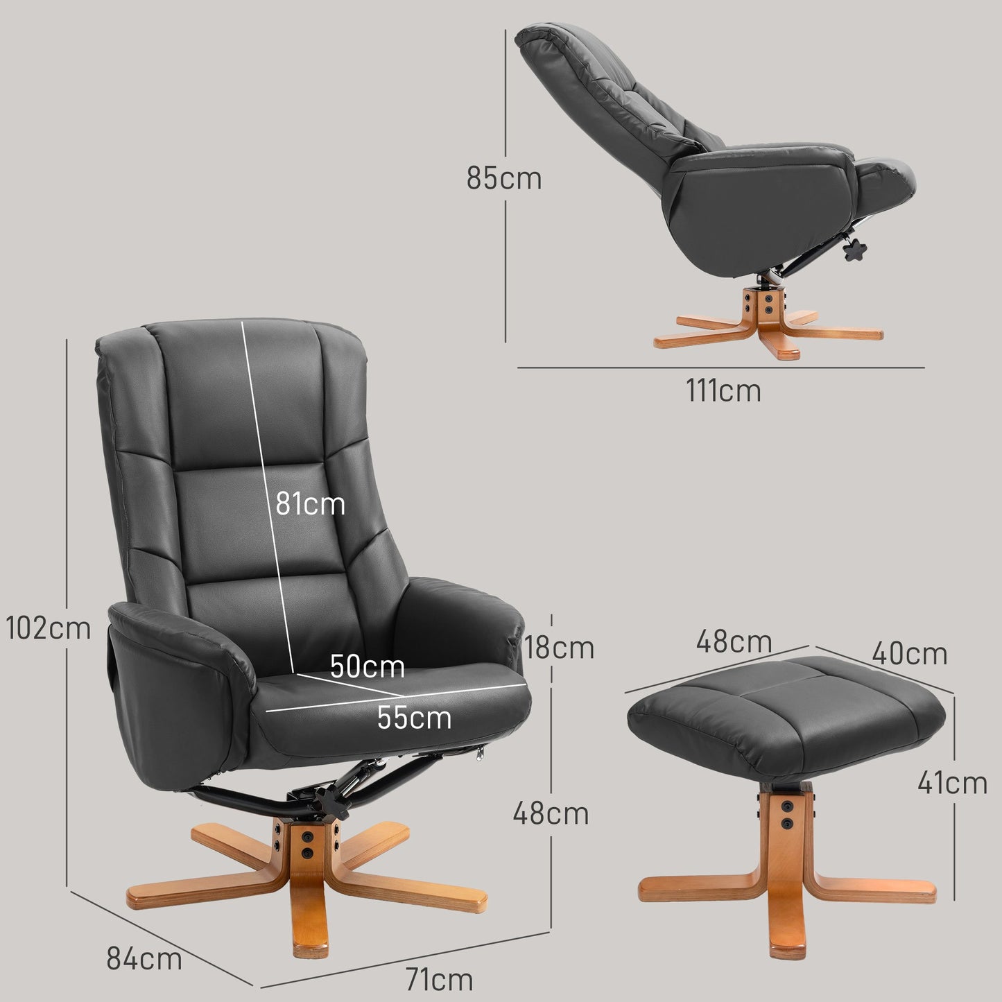 Relaxstoel – Fauteuil – Schommelstoel – Loungestoel – TV-stoel – Verstelbare rugleuning tot 135° – Schommel- en poeffunctie met kunstleren bekleding en houten frame