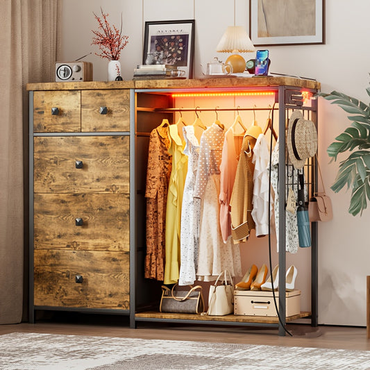 Kledingkast – Garderobekast – Kleerkast – Opbergkast – Draaideurkast – Vintage Design – 125x40x120 cm – Met 5 Lades en Hanggedeelte – Robuust Hout-Metaal – Vrijstaand & Eenvoudig Montage