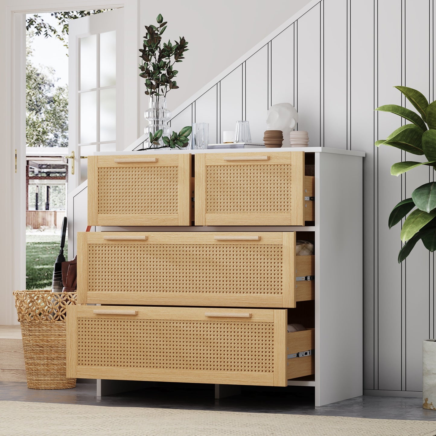 Opbergkast – Dressoir – Ladekast – Kast – Rattan Kast – 4 Grote Laden – Natuurlijk Wit Hout
