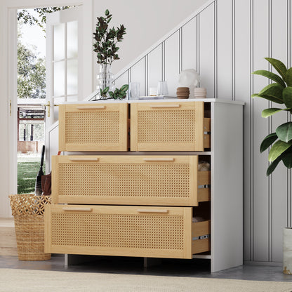 Opbergkast – Dressoir – Ladekast – Kast – Rattan Kast – 4 Grote Laden – Natuurlijk Wit Hout