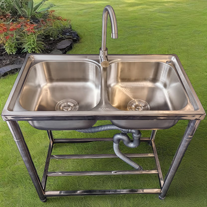 Stainless Steel Sink with Hot And Cold Water Taps, Freestanding Double Basin Sink with Drain Kit Suitable for Outdoor, Kitchen, Camping, Garden, 78x43cm