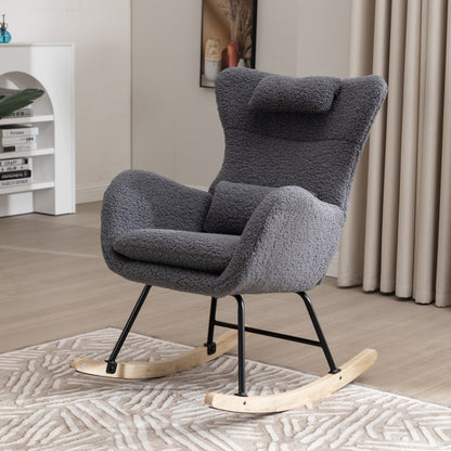Schommelstoel – Relaxstoel – Fauteuil – Voedingsstoel – Loungestoel – Ergonomisch Design – Memory Foam Zitting – Hoge Rugleuning – Teddy Stof – Massief Houten Frame – Handmatig Schommelmechanisme – Grijs