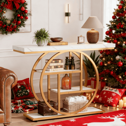 Sofa Tafel – Sidetable – Haltafel – Console Tafel – Gangtafel – Wit Met Gouden Accenten – 41,3 Inch – 4-Lagen Opbergruimte