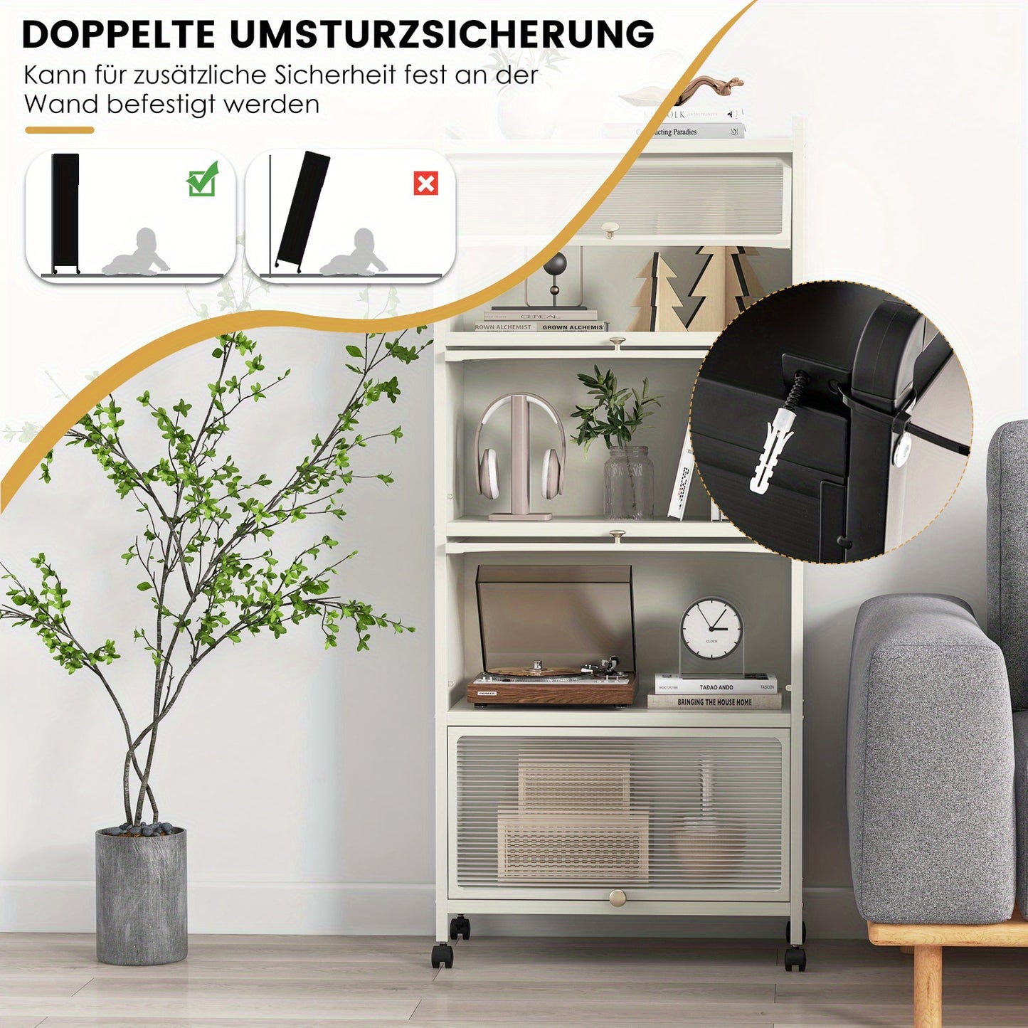 Opbergkast – Opbergrek – Keukenkast – Wandkast – Opbergmeubel – Verrijdbaar – 5 Lagen – Kunststof Wit – Schuifdeuren – 60x32x154 cm – Draagkracht 15 kg per plank