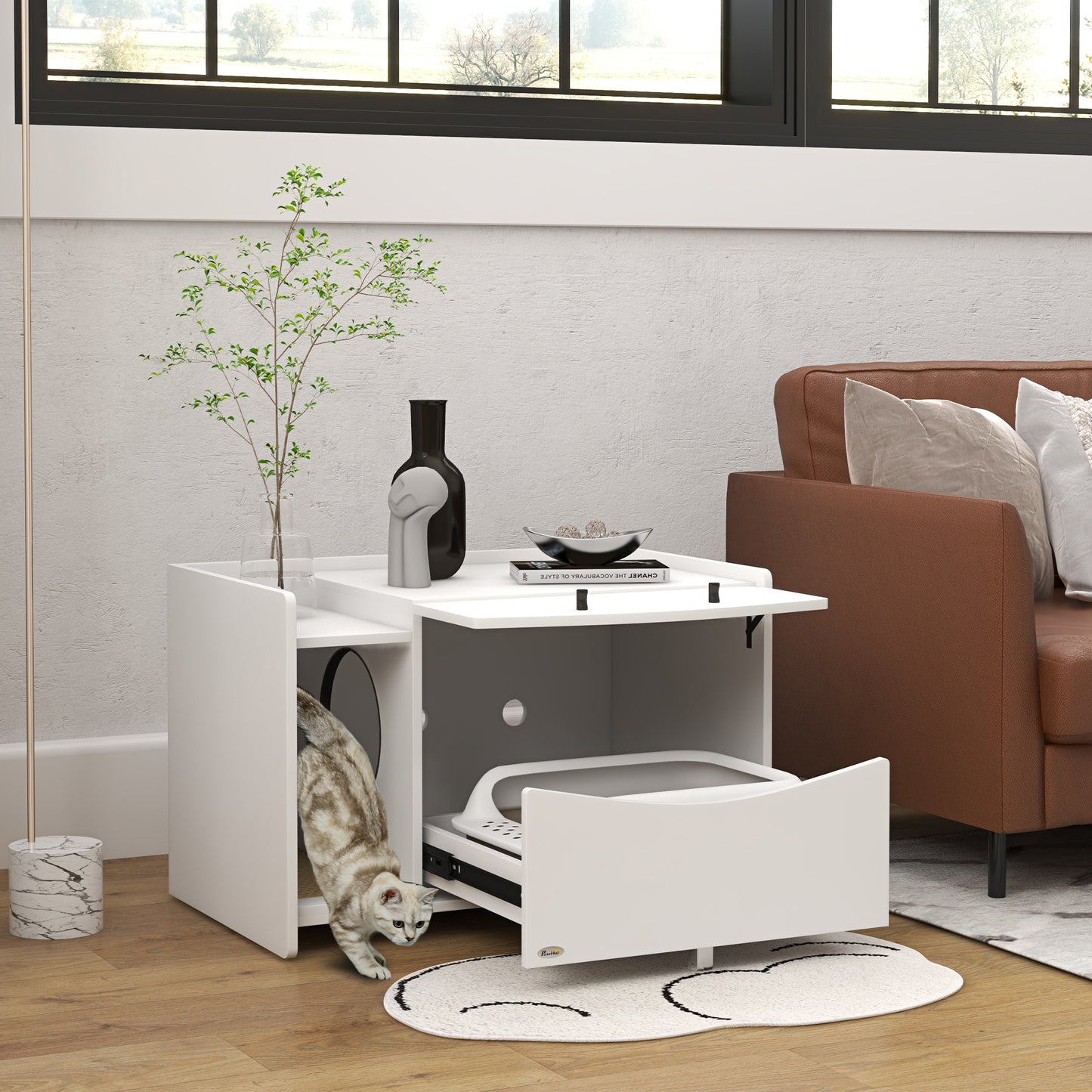Kattenbak Meubel – Kattenbak Huis – Kattenbak Verbergen – Kattenbak Kast – Kattenbak Bijzettafel – Met Schuiflade – 2 Ventilatiegaten – Wit Fiberboard – Met Zandvangmat – Geschikt Tot 5 Kg Katten