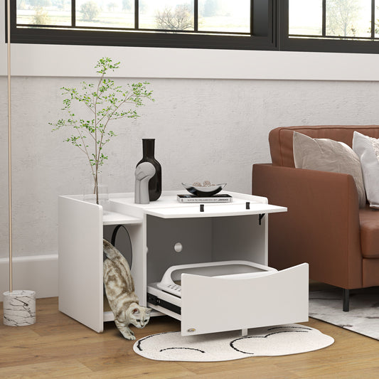 Kattenbak Meubel – Kattenbak Huis – Kattenbak Verbergen – Kattenbak Kast – Kattenbak Bijzettafel – Met Schuiflade – 2 Ventilatiegaten – Wit Fiberboard – Met Zandvangmat – Geschikt Tot 5 Kg Katten