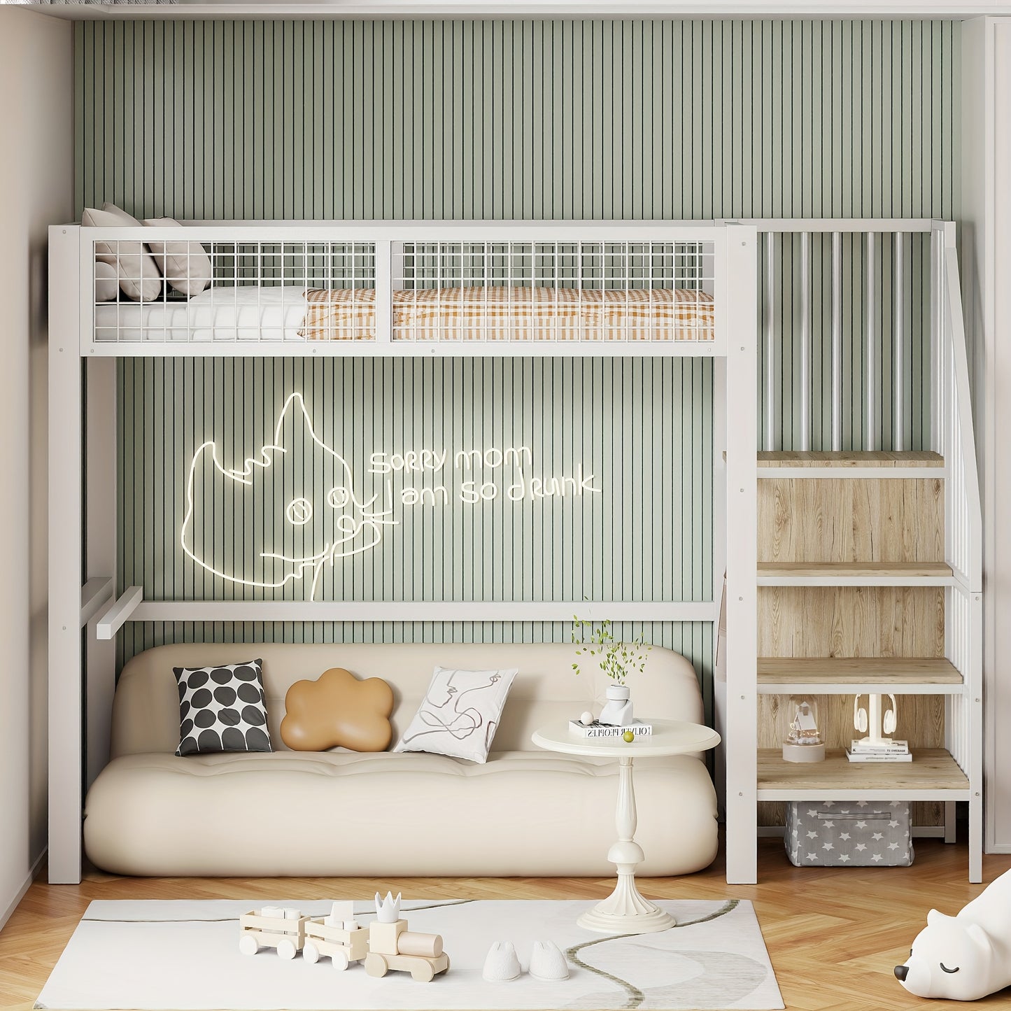90*200 Loft Bed With Ladder With Iron And Storage Shelves