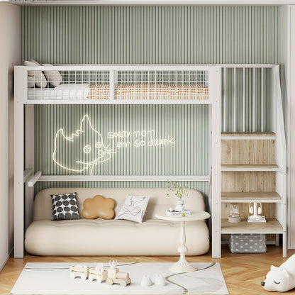 90*200 Loft Bed With Ladder With Iron And Storage Shelves