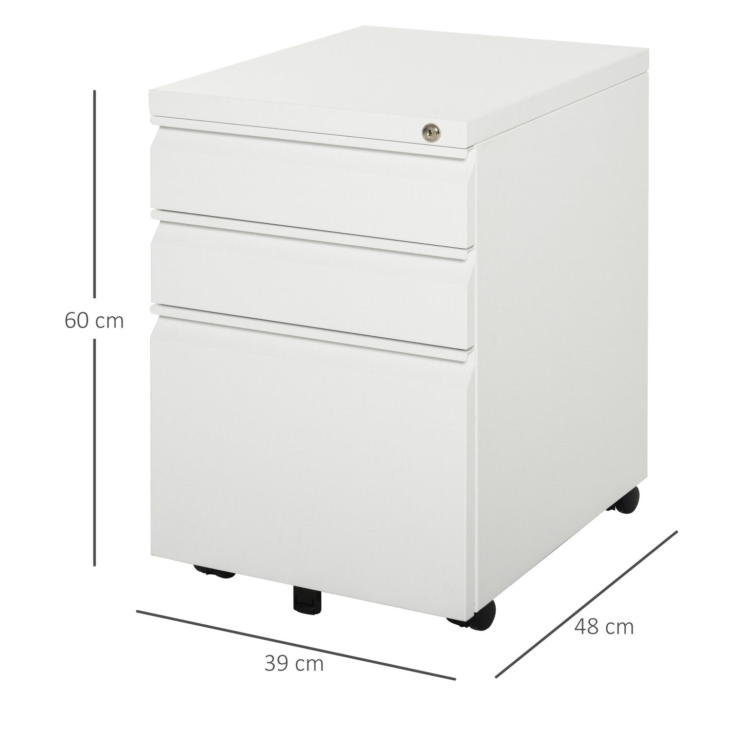 Mobiele Ladekast – Ladekast Op Wieltjes – Kantoorwagen – Office Organizer – Mobiele Kast Wit – 3 Ruime Laden – Veilig Met Sleutelslot – Compact 39x48x60 cm