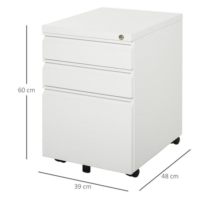 Mobiele Ladekast – Ladekast Op Wieltjes – Kantoorwagen – Office Organizer – Mobiele Kast Wit – 3 Ruime Laden – Veilig Met Sleutelslot – Compact 39x48x60 cm
