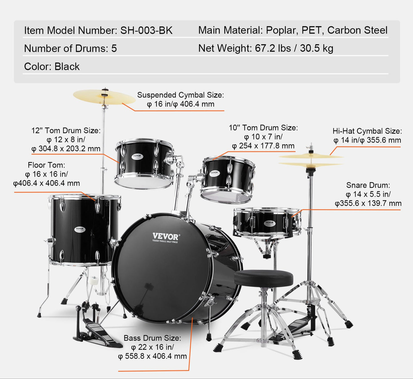 Drumstel – Drumset – Elektrisch Drumstel – Akoestisch Drumstel – Muziekinstrument – 22 Inch Full Size – Verstelbare Kruk & Duurzame PET Drumvellen