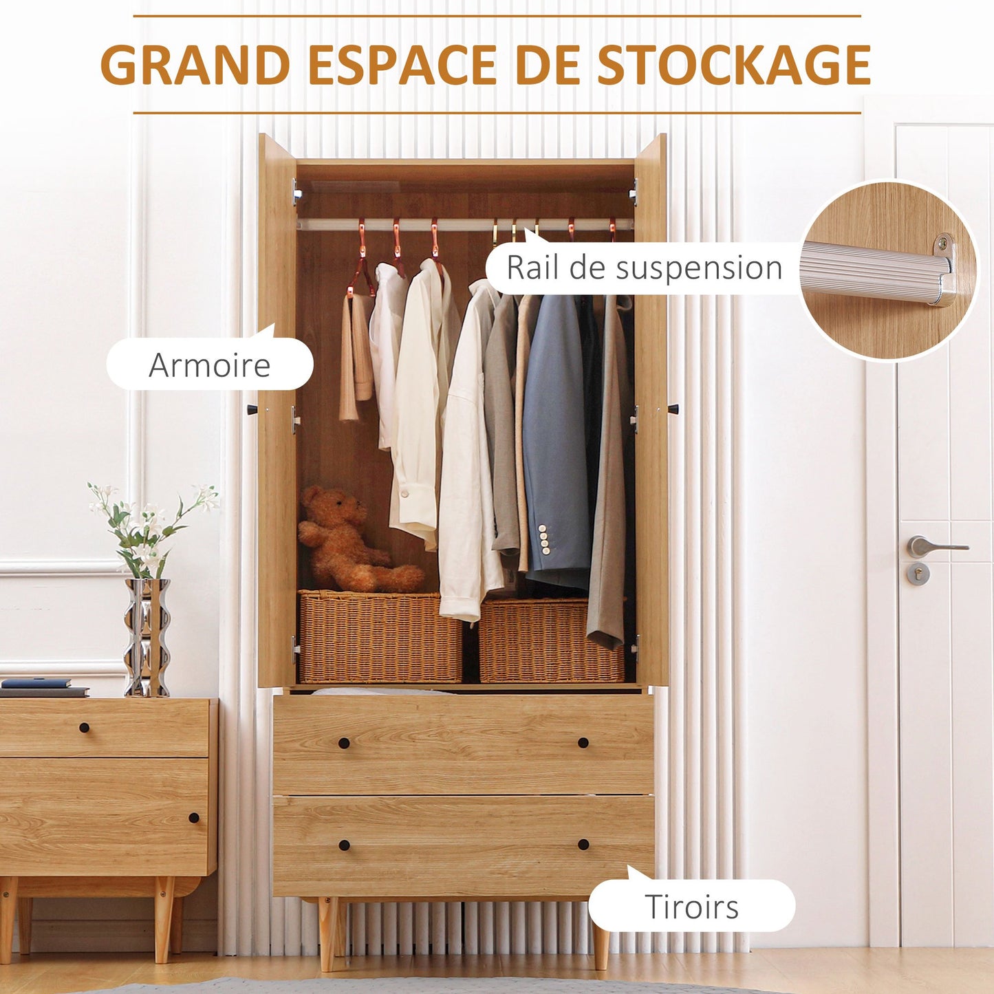 Kledingkast – Garderobekast – Opbergkast – Linnenkast – Kast met Laden – 2-Deurs Met Hangrail – Ruime Opbergruimte – Houten Look – 80x52x180 cm