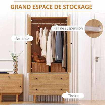 Kledingkast – Garderobekast – Opbergkast – Linnenkast – Kast met Laden – 2-Deurs Met Hangrail – Ruime Opbergruimte – Houten Look – 80x52x180 cm