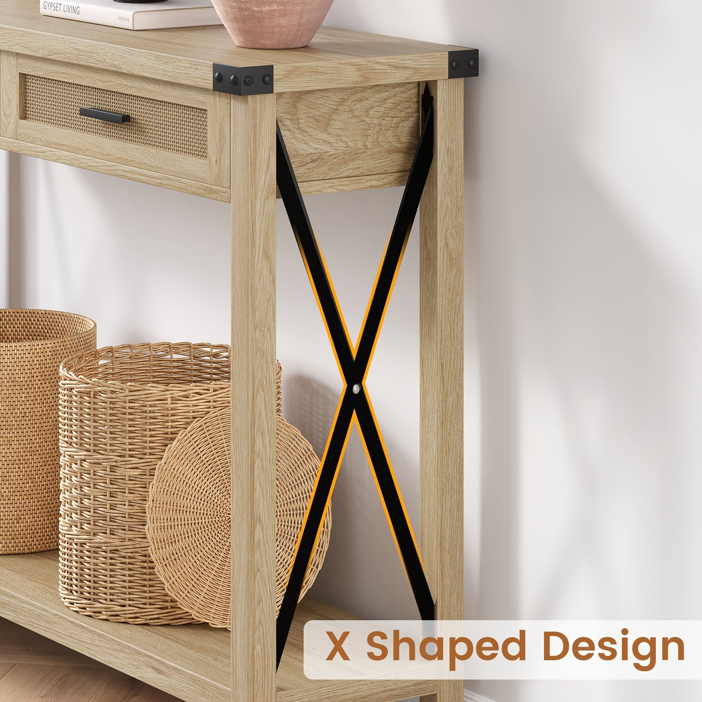Sidetable – Consoletafel – Haltafel – Wandtafel – Bijzettafel – Smal ontwerp 118x78x37 cm – Hardhout en rattan