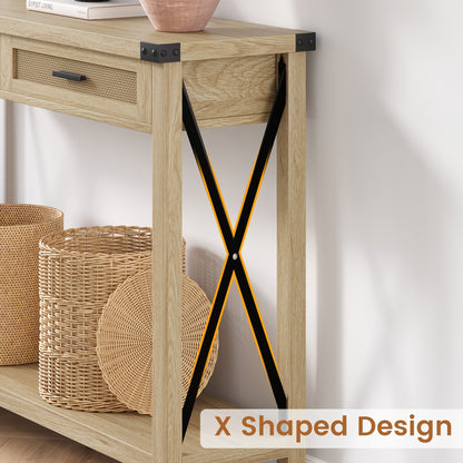 Sidetable – Consoletafel – Haltafel – Wandtafel – Bijzettafel – Smal ontwerp 118x78x37 cm – Hardhout en rattan