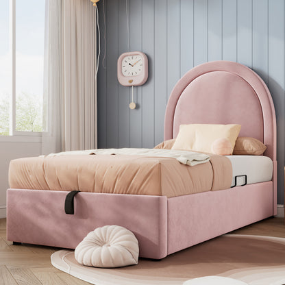 Eenpersoonsbed – Eenpersoonsbedframe – Kinderbed – Jeugdbed – Logeerbed – Vintage Fluwelen Gestoffeerd – Opbergruimte – 90x200 cm – Zonder Matras – Pastelroze – Eenvoudige Montage