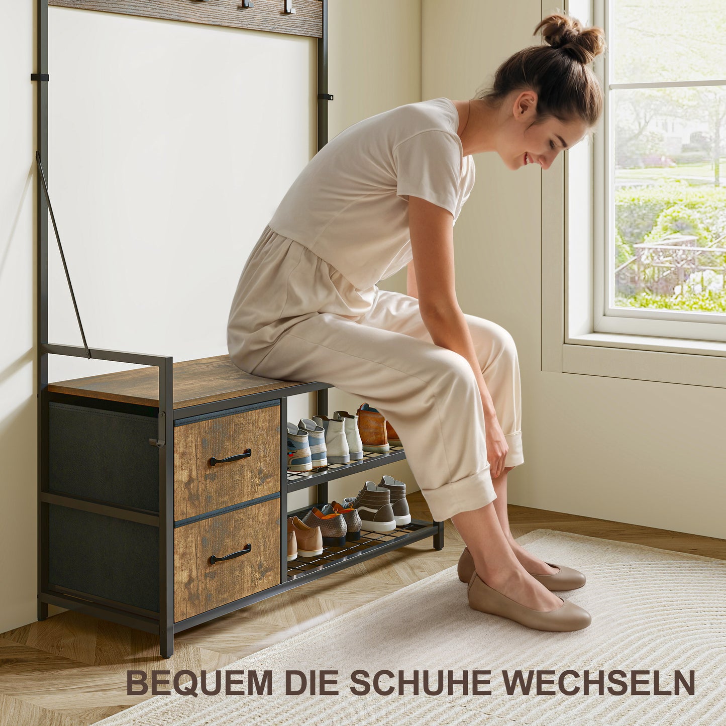 Kapstok – Wandkapstok – Schoenenrek – Zitbank – Opbergkast – Industrieel Design – 10 Haken & 2 Stoffen Lades – Metaal Bruin