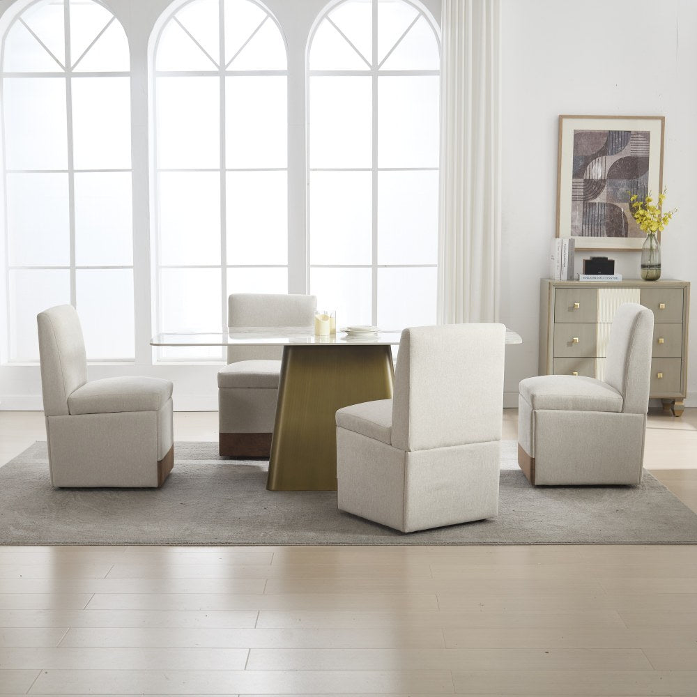 Eetkamerstoelen – Stoelen – Dining Chairs – Armloze Stoel – Linnen Stoel – Beige Linnen – Met Wieltjes – Met Opbergruimte