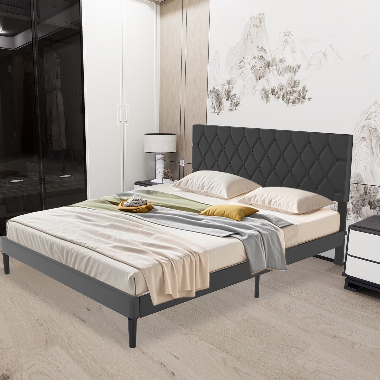 Modern Upholstered Bed: 90/140/160x200 cm with Soft Fabric, Sleek Minimalist Style, and 300kg Load Capacity in Black/Beige Leather style