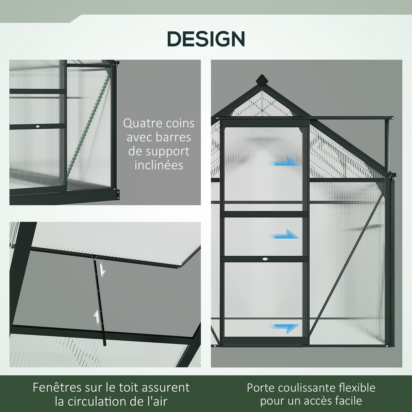 Kweekkas – Tuinkas – Groeikas – Moestuin Kas – Polycarbonaat Kas – Grijs – Aluminium Frame – UV-Bestendig – Inclusief Dakventilatie en Schuifdeur – 190x192x201 cm – Versterkte Stalen Basis