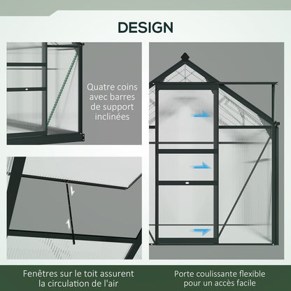 Kweekkas – Tuinkas – Groeikas – Moestuin Kas – Polycarbonaat Kas – Grijs – Aluminium Frame – UV-Bestendig – Inclusief Dakventilatie en Schuifdeur – 190x192x201 cm – Versterkte Stalen Basis