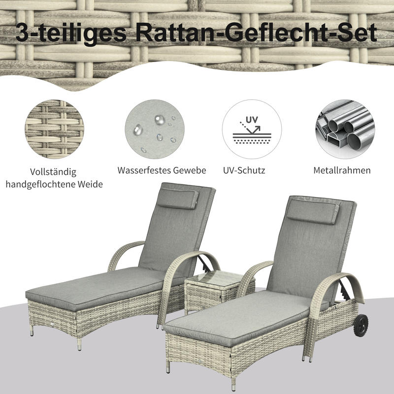 Sonnenliege Gartenliege Tisch 3Er-Set Gartenmöbel, Polyrattan+Metall Grau