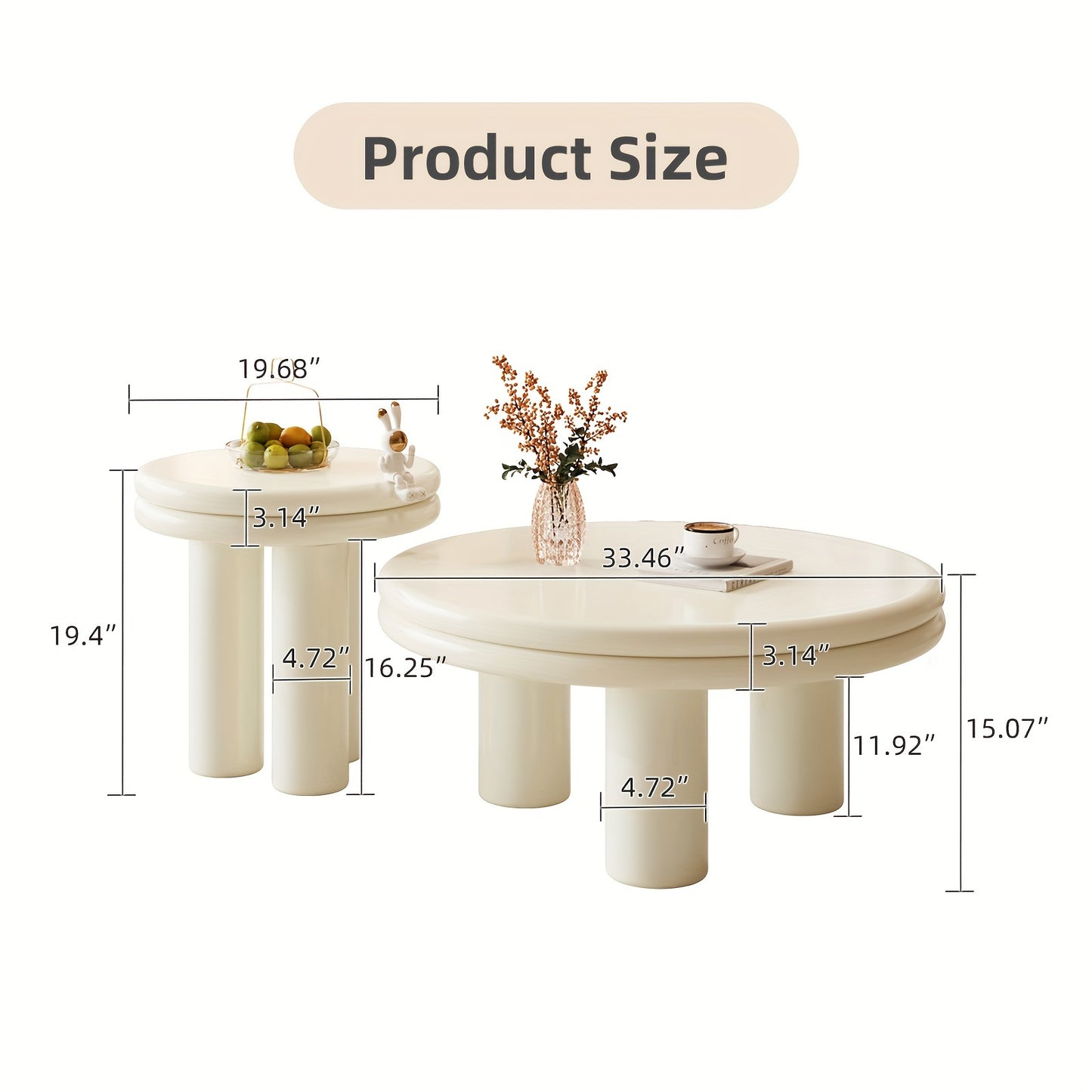 Salontafel – Theetafel – Bijzettafel – Koffietafel – Leestafel – Set Van 2 – Melkachtig Wit – Dubbel Laags Rond Tafelblad