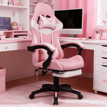 Gamingstoel – Bureaustoel – Computestoel – Draaistoel – Gamestoel – Verstelbare Voetensteun – Ergonomische Lendensteun – PU Leder – Met Metalen Frame – Zachtroze