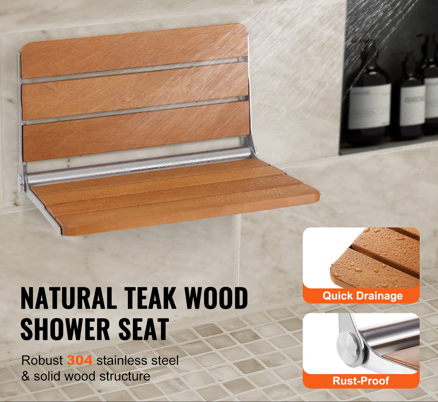Douchezitting – Douchezitje – Douchebankje – Opklapbare Douchezitting – Badkrukje – Teakhouten Douchezitting 53x40,5 cm – Opklapbaar – Draagkracht 226 kg