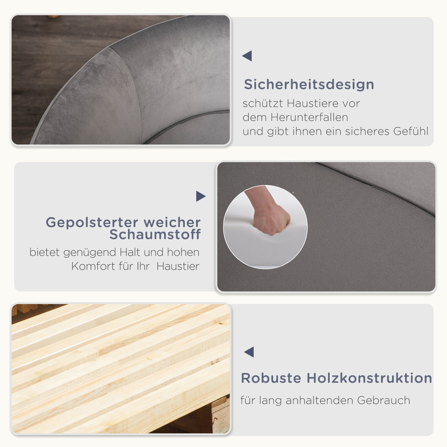 Hondenmand – Dierenbank – Hondenbed – Hondenkussen – Kattenmand – Dutch Velvet Bekleding – Verhoogd Met Berkenhouten Poten – Lichtgrijs – 86x55x33 cm – Comfortabele Foamvulling