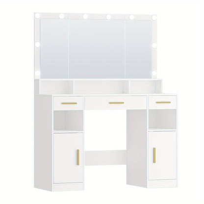 Make-up Tafel – Kaptafel – Schminktisch – Make-up Bureau – Make-up Organizer – Witte Kaptafel Met Grote Spiegel – Verstelbare LED Verlichting Met 3 Lichtkleuren – 3 Lades En 2 Kastjes – 40x108x140 cm