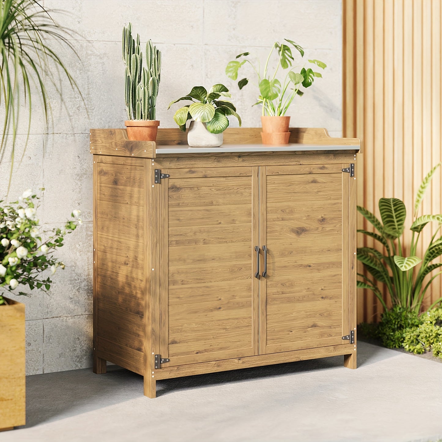 Buitenwerkbank – Tuinwerkbank – Werktafel – Opbergkast – Pottafel – Stevig Houten Frame – Metalen Werkblad