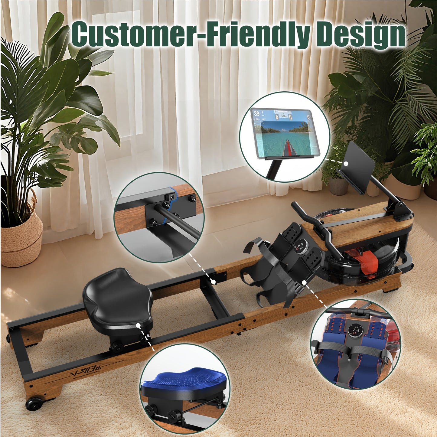 Water Rowing Machine Made Of Wood Foldable Rowing Machine With Wireless Monitor & Tablet Holder, Comfortable Seat, Load Capacity Up To 180 Kg, Without Battery