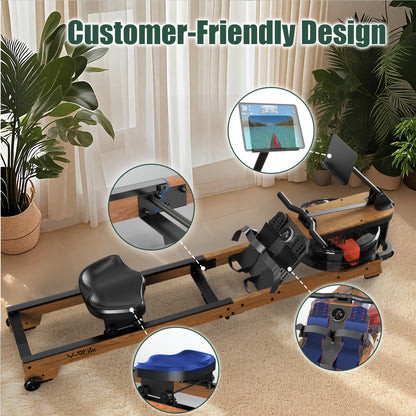 Water Rowing Machine Made Of Wood Foldable Rowing Machine With Wireless Monitor & Tablet Holder, Comfortable Seat, Load Capacity Up To 180 Kg, Without Battery