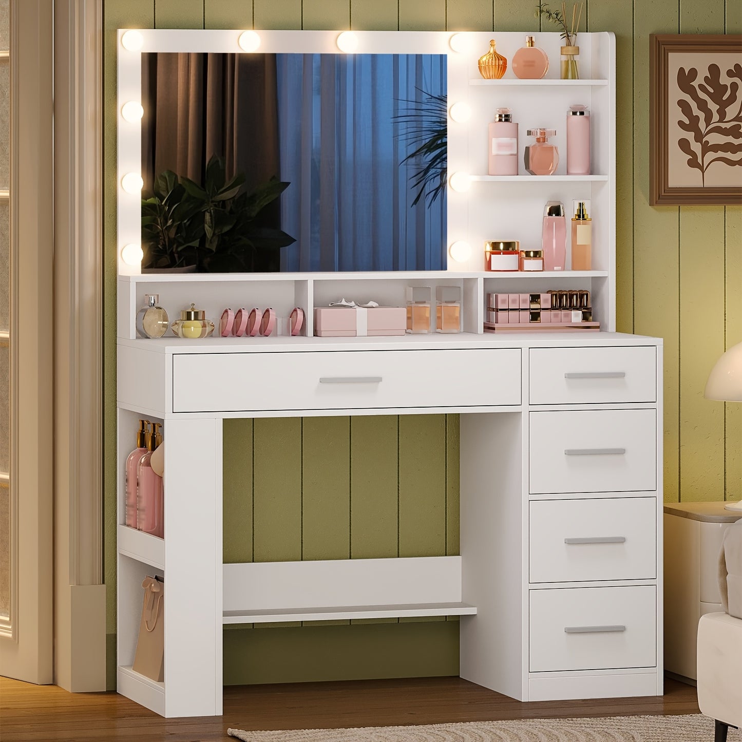 Dressing Table with Large HD Mirror, Dressing Table with LED Light, Dressing Table with 6 Open Compartments, 5 Drawers And Side Open Storage, Bedroom Room, Simple, White, Dressing Mirror with Storage, Dressing Mirror with LED