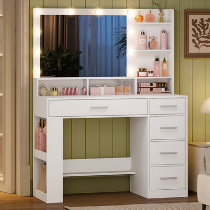 Dressing Table with Large HD Mirror, Dressing Table with LED Light, Dressing Table with 6 Open Compartments, 5 Drawers And Side Open Storage, Bedroom Room, Simple, White, Dressing Mirror with Storage, Dressing Mirror with LED