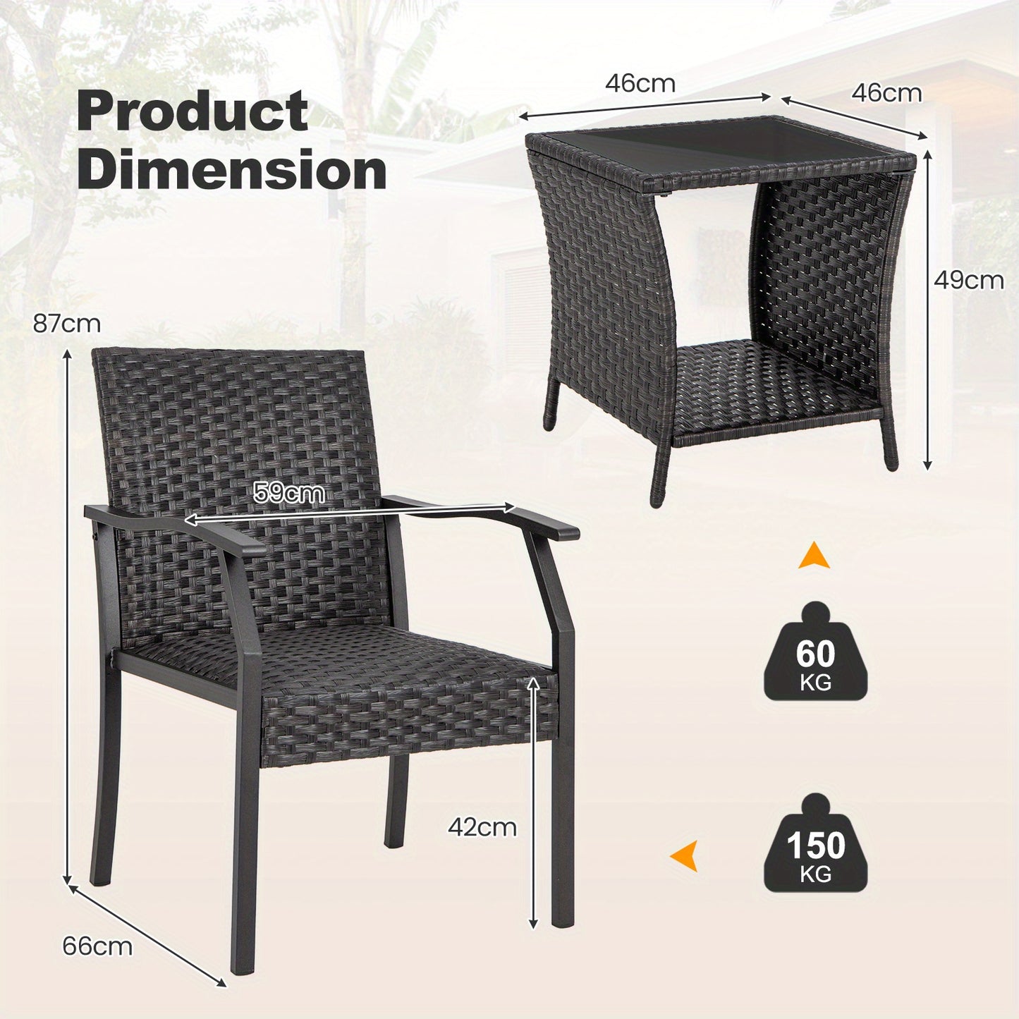Balkonset – Tuinset – Bistroset – Loungeset – Balkonmeubels – 3-delig Rattan – Weerbestendig PE Rattan – Comfortabele Snel Droge Kussens