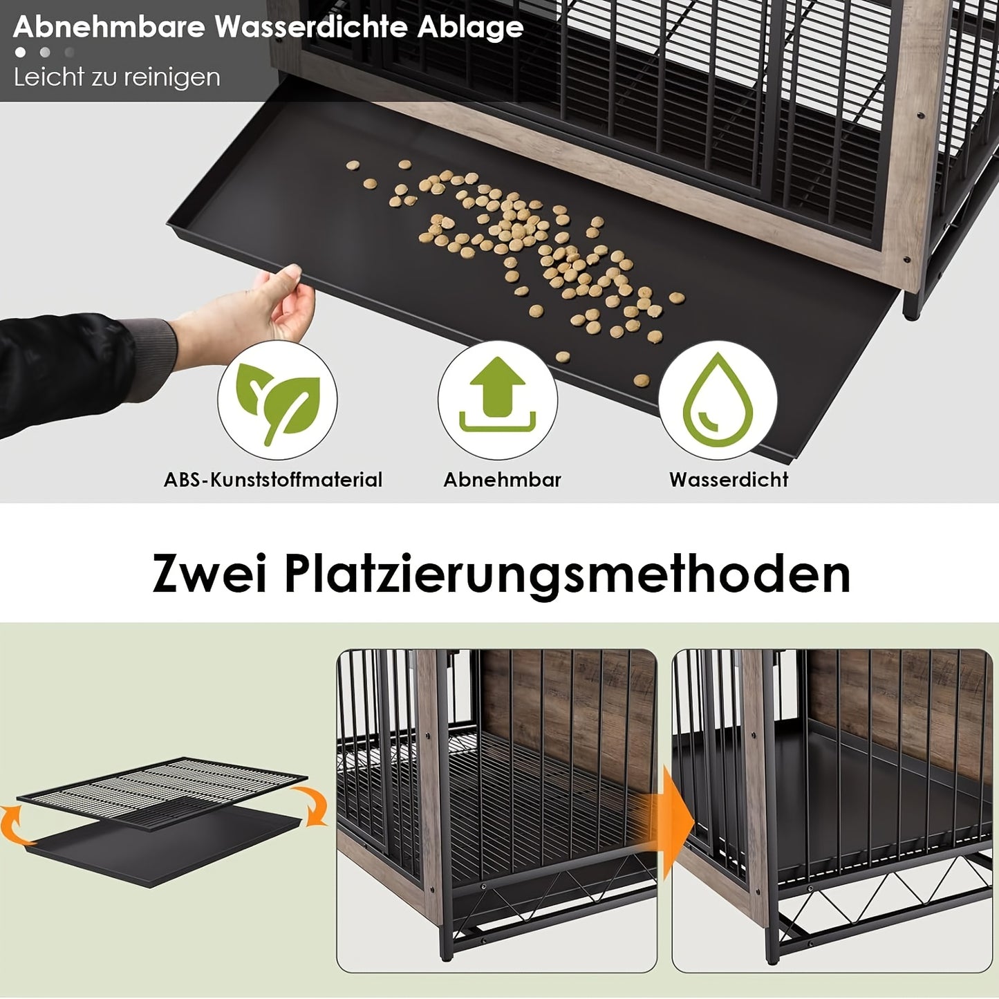 Houten Dierenkooi – Hondenkooi – Kattenkooi – Huisdierenkooi – Hondenbench – Grijs – 93x64x58 cm – Inclusief 2 RVS Voerbakken – Verwijderbare Tray
