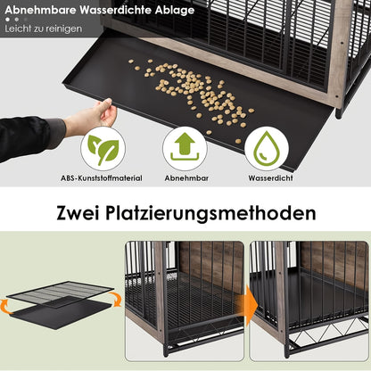 Houten Dierenkooi – Hondenkooi – Kattenkooi – Huisdierenkooi – Hondenbench – Grijs – 93x64x58 cm – Inclusief 2 RVS Voerbakken – Verwijderbare Tray